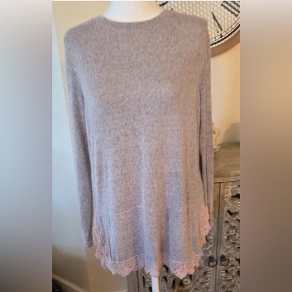 Cactus and Pearl Tops - NWT Elegant Lace Trim Long Sleeve Top - Blush Pink and Gray